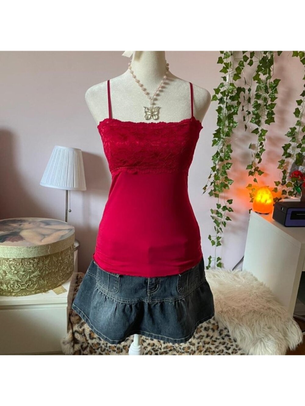Y2K Costa Blanca red lace cami top with adjustable straps